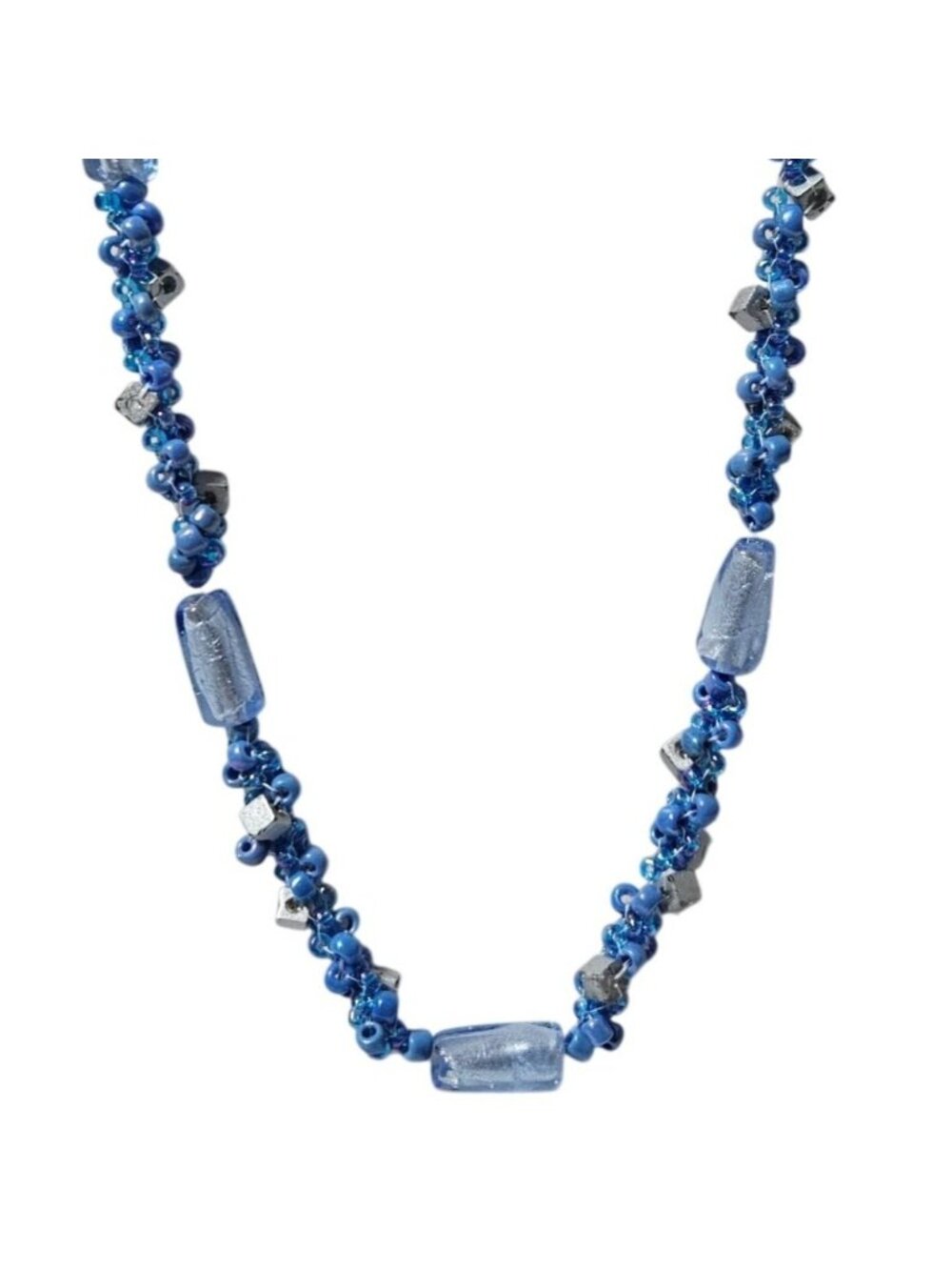 Vintage Y2K Blue Beaded Necklace Cluster Beads Cube Accents Ocean Coastal Women
